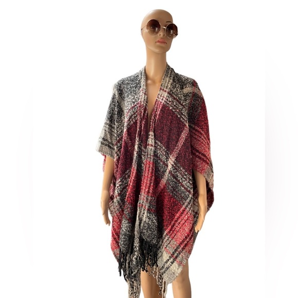 Woolrich red black plaid tunic shrug Fringe one size - Picture 1 of 6